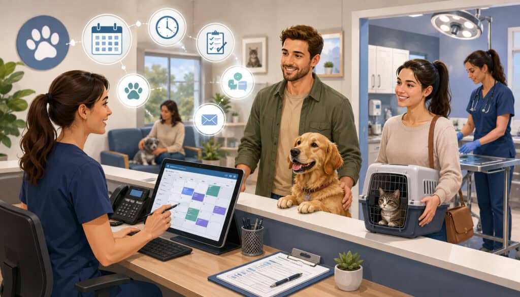Veterinary receptionist scheduling appointments and checking in pet owners with a dog and cat