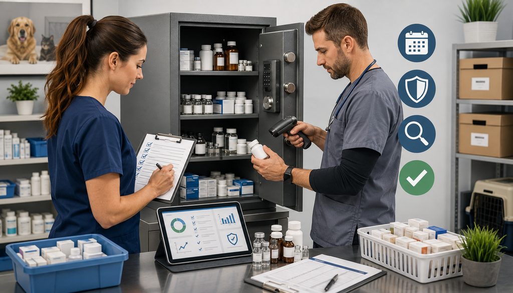Veterinary staff conducting an initial and biennial DEA controlled-substance inventory
