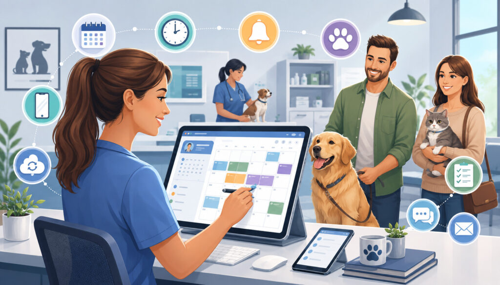 Veterinary receptionist using appointment scheduling software with pet owners and clinic feature icons