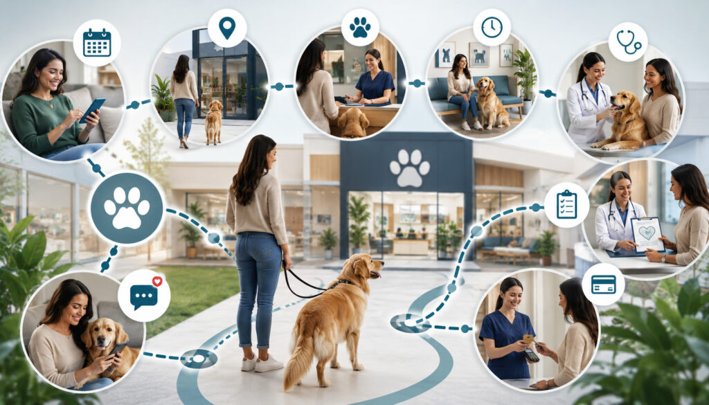 Pet owner and dog moving through the complete veterinary clinic journey