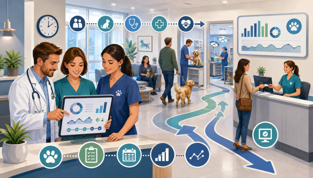 Veterinary team reviewing patient flow performance analytics in a modern clinic