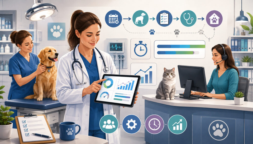 Veterinary team tracking clinic workflow performance with digital analytics
