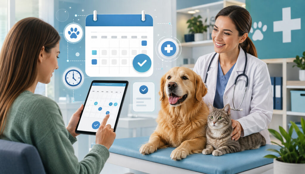 Pet owner booking a veterinary appointment online with a veterinarian, dog, and cat