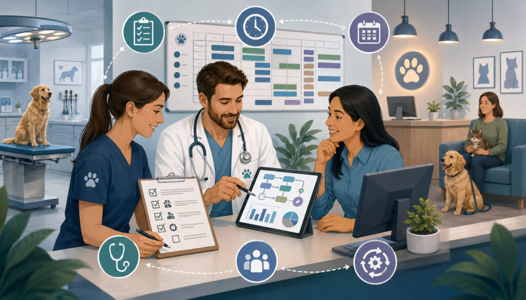 Veterinary team conducting a clinic workflow audit