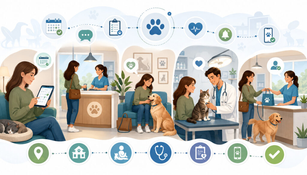 Pet owner navigating the veterinary client journey from booking to follow-up care