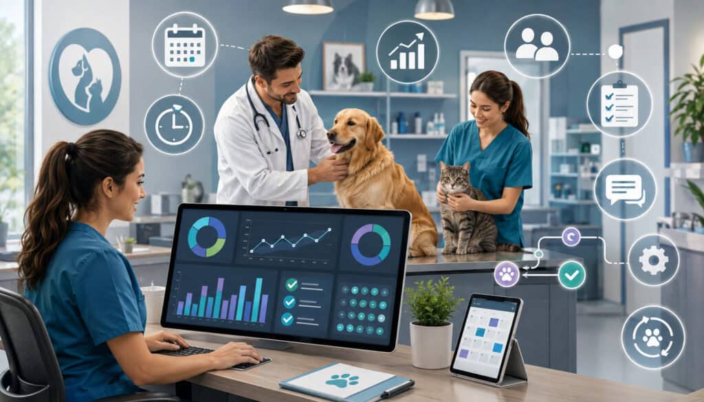 Veterinary team using performance metrics to improve clinic efficiency