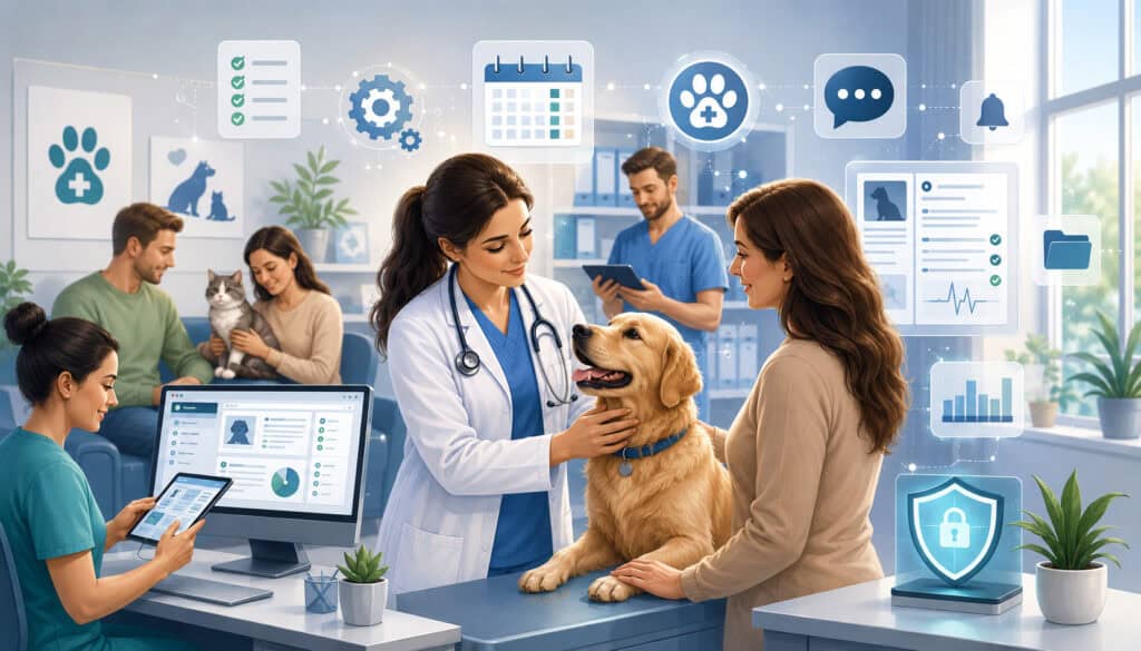 Veterinarian using automation technology while caring for pets in a modern clinic