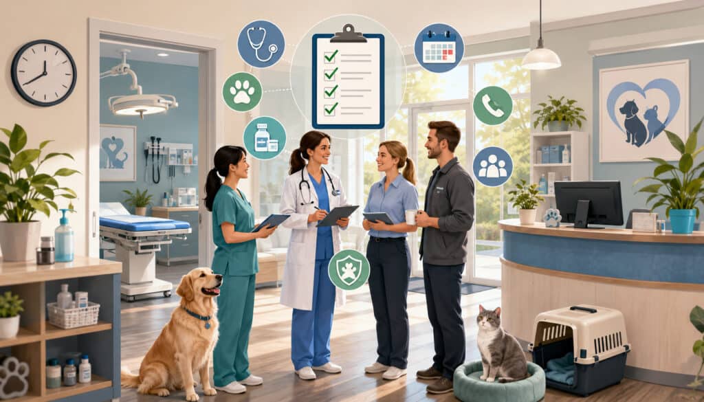 Veterinary team conducting a morning huddle in a modern animal clinic