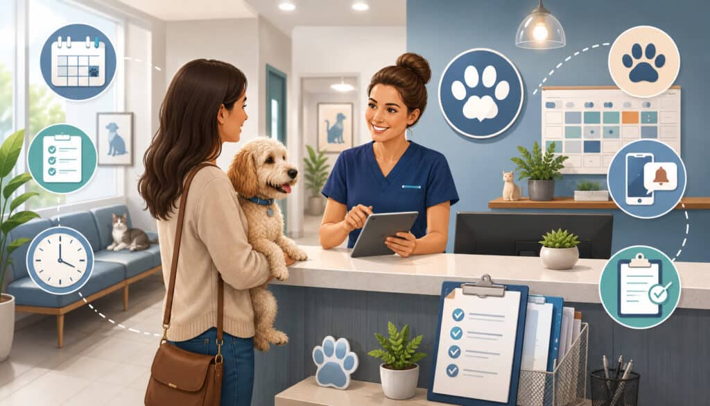 Veterinary receptionist checking in a pet owner and dog at the front desk