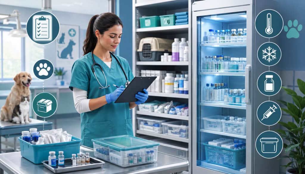 Veterinary technician checking medical inventory and refrigerated vaccines