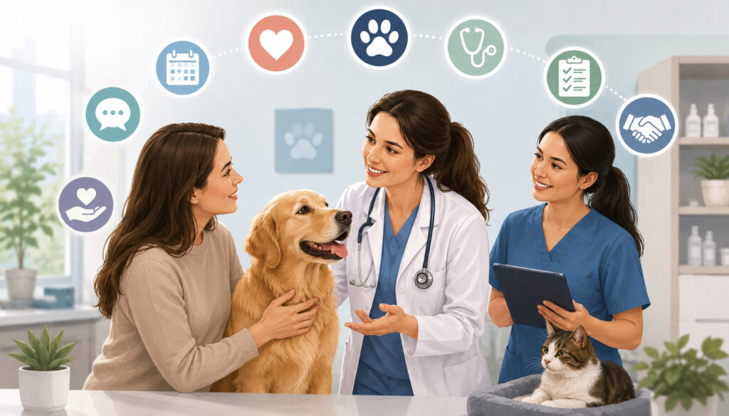 Client-centered veterinary team caring for a pet with its owner