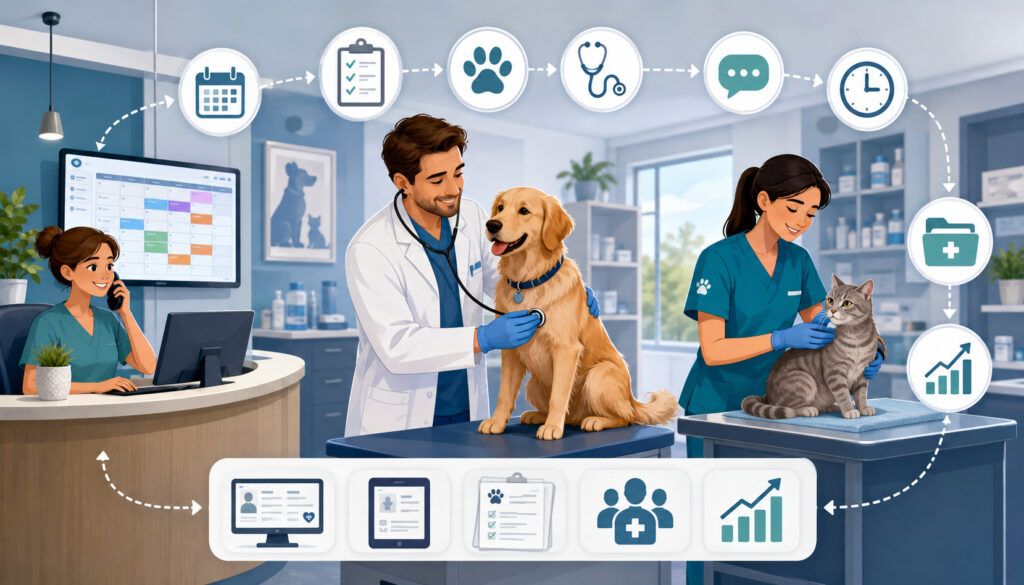 Veterinary team optimizing clinic workflow while caring for a dog and cat