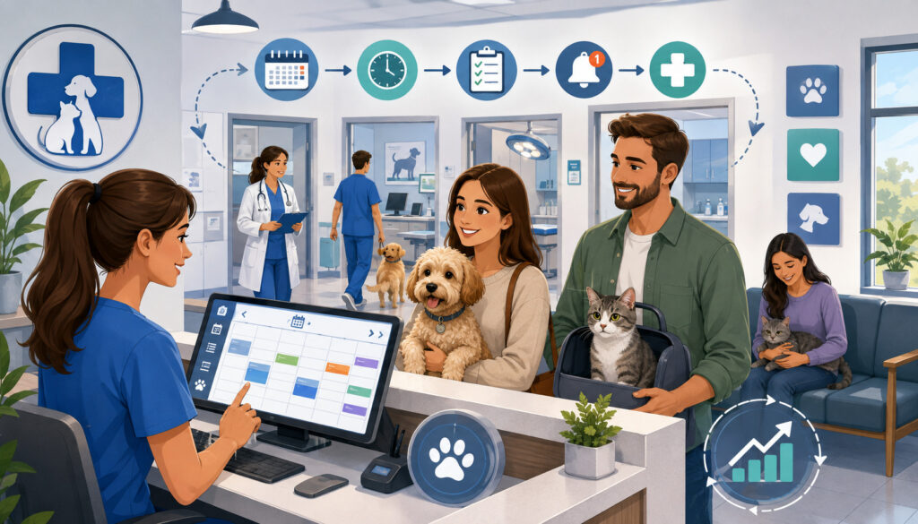 Veterinary clinic staff using a digital appointment scheduling system with pet owners and animals
